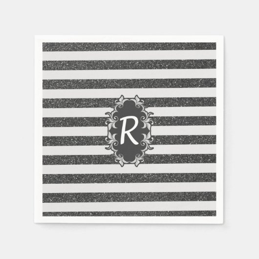 Chic Schwarz-weiß Imitats Glitzer Streifen Monogra Serviette (Vorderseite)
