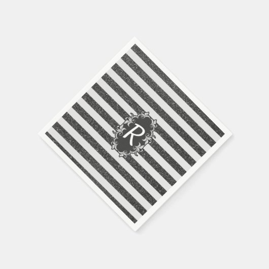 Chic Schwarz-weiß Imitats Glitzer Streifen Monogra Serviette (Ecke)