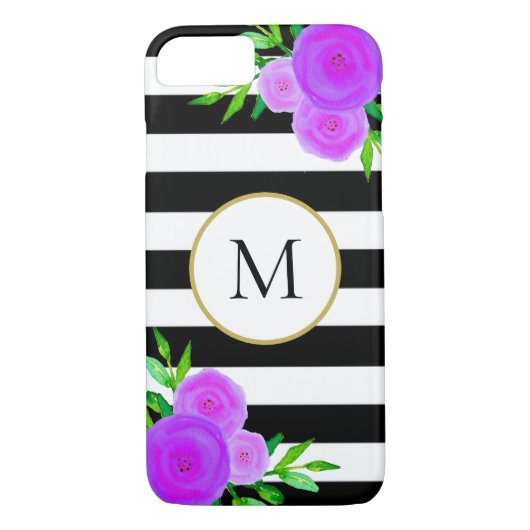 Chic Schwarz-weiß Strip Wasserfarben Floral Monogr Case-Mate iPhone Hülle (Rückseite)