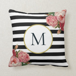 Chic Schwarz-weiß Stripe Retro Floral Monogramm Kissen