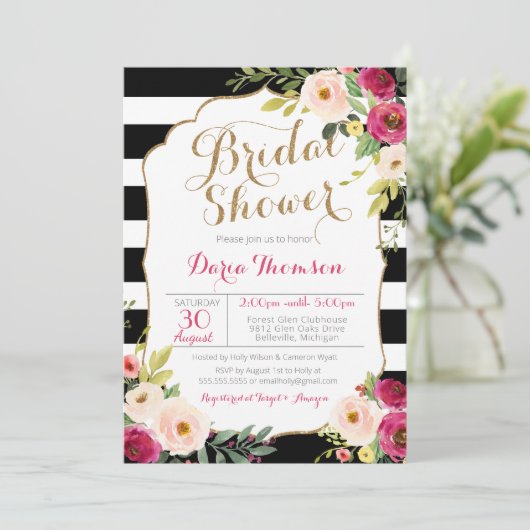 Chic Schwarz-weiß Stripe Rosa Brautparty Einladung (Stehend Vorderseite)