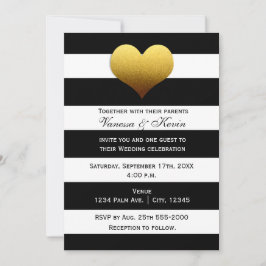 Chic Schwarz-weiß Striped Gold Herzeinladung Einladung