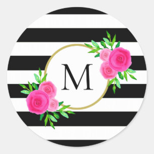Chic Schwarz-weiß Striped Pink Floral Monogram Runder Aufkleber