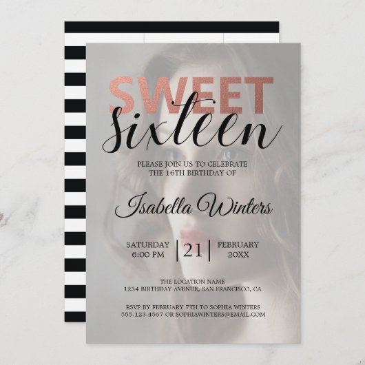 Chic Schwarz-weiß Stripes Rosa Sweet 16 Foto Einladung (Vorne/Hinten)