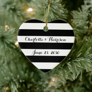 Chic Schwarz-weiß Stripes Skriptnamen Weihnachten Keramik Ornament