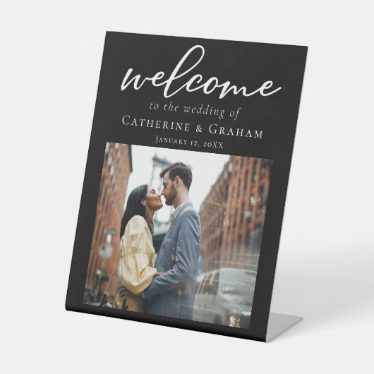 Chic Schwarz-weiß Wedding Couple Foto Empfang Sockelschild (Vorderseite)
