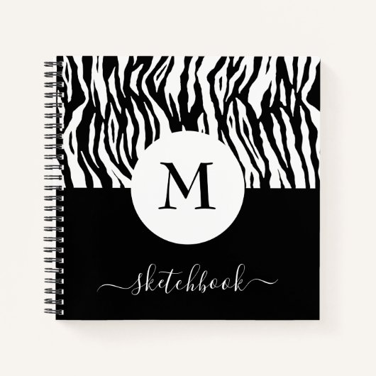 Chic Schwarz-weiß Zebra Print Monogram Sketchbook Notizblock (Vorderseite)