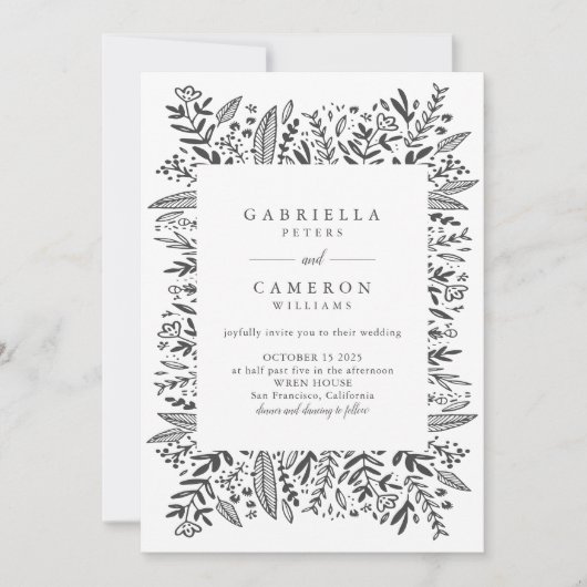 Chic Schwarz-weiße Blumenstrauß-Kunst Zeichnend Ho Einladung (Vorderseite)