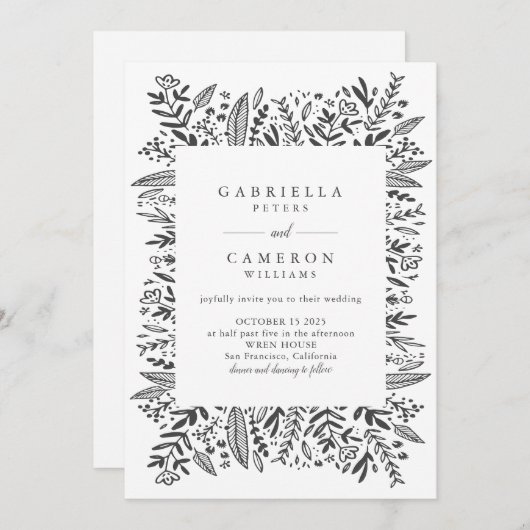 Chic Schwarz-weiße Blumenstrauß-Kunst Zeichnend Ho Einladung (Vorne/Hinten)