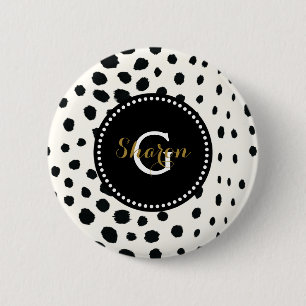 Chic Schwarz-weißes Cheetahdruck-Mustermonogramm Button