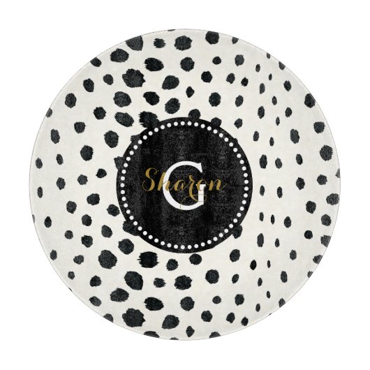 Chic Schwarz-weißes Cheetahdruck-Mustermonogramm Schneidebrett (Vorderseite)