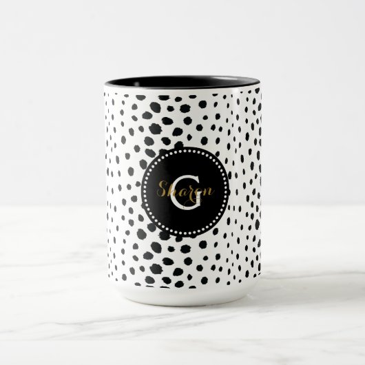 Chic Schwarz-weißes Cheetahdruck-Mustermonogramm Tasse (Zentrum)