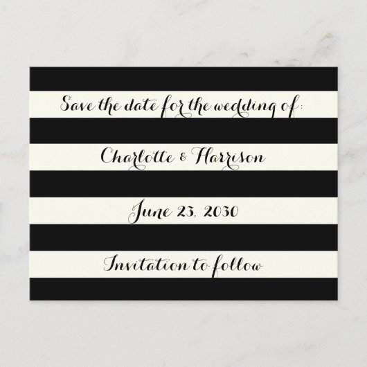 Chic schwarze Elfenbeinstreifen Hochzeit Speichern Feiertagspostkarte (Vorderseite)