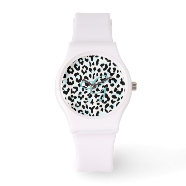 Chic Schwarzweiß-Cheetah-Print-Monogramm Armbanduhr (Vorderseite)