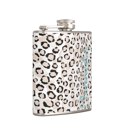 Chic Schwarzweiß-Cheetah-Print-Monogramm Flachmann (Rechts)