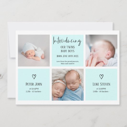 Chic Script 3 Foto Collage Blue Baby Zwillinge Geb Ankündigung (Vorderseite)