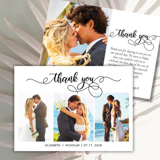 Chic Script 3 Foto Collage Wedding Danke Karte
