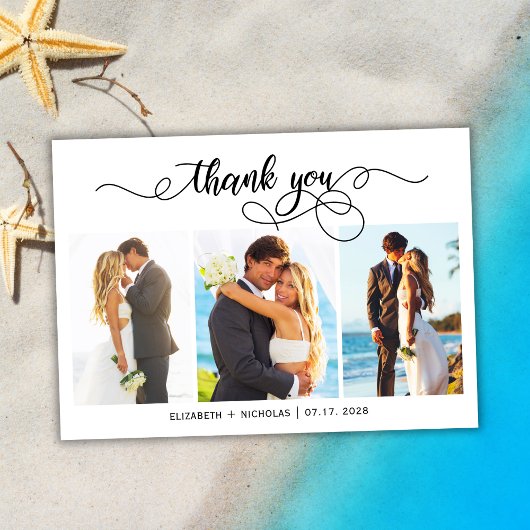 Chic Script 3 Foto Collage Wedding Danke Karte