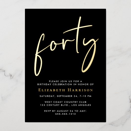 Chic Script 40. Geburtstag Party Folieneinladung (Vorderseite)