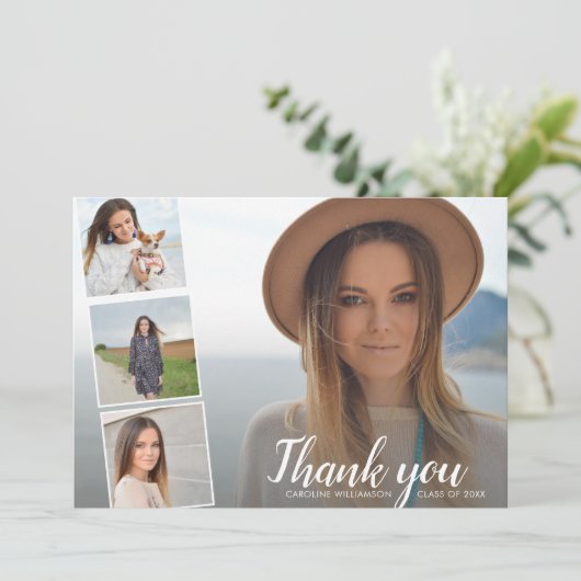 Chic Script 4 Foto Collage Abschluss Vielen Dank Einladung (Stehend Vorderseite)