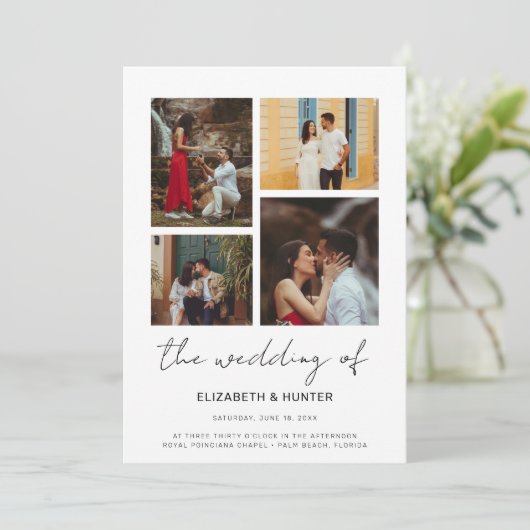 Chic Script 4 Foto Collage QR Code UAWG Wedding Einladung (Stehend Vorderseite)