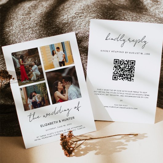 Chic Script 4 Foto Collage QR Code UAWG Wedding Einladung