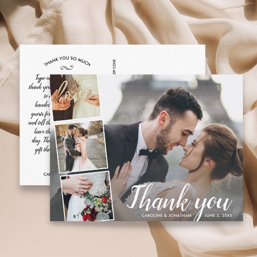 Chic Script 4 Foto Collage Wedding Vielen Dank Postkarte