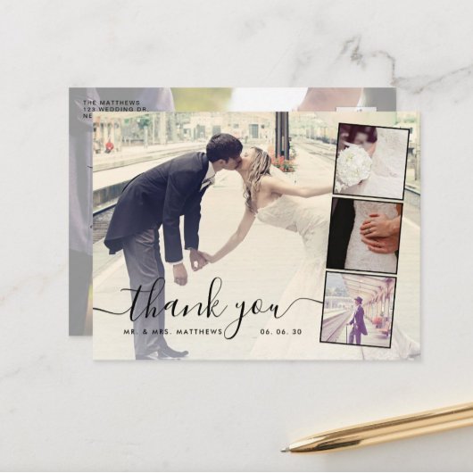 Chic Script 4 Foto Collage Wedding Vielen Dank Postkarte
