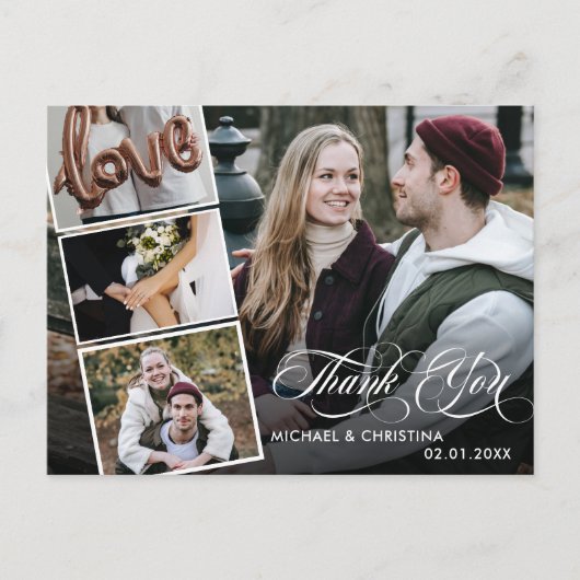 Chic Script 4 Foto Collage Wedding Vielen Dank Postkarte (Vorderseite)