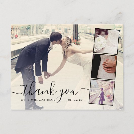 Chic Script 4 Foto Collage Wedding Vielen Dank Postkarte (Vorderseite)