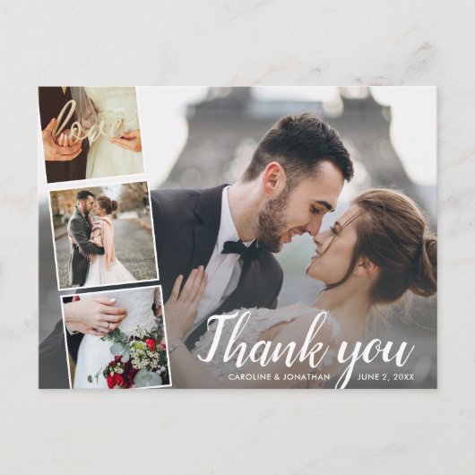 Chic Script 4 Foto Collage Wedding Vielen Dank Postkarte (Vorderseite)