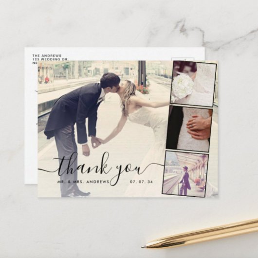 Chic Script 4 Fotos Collage Wedding Vielen Dank Postkarte
