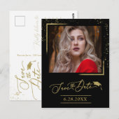 Chic Script Abschlussfeier Save The Date Gold Glit Postkarte (Vorne/Hinten)