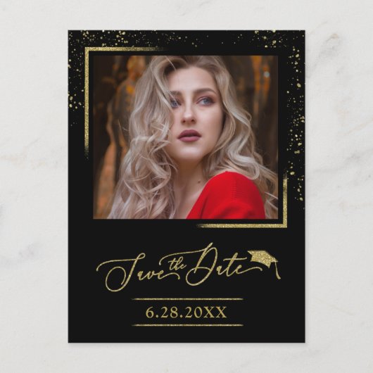 Chic Script Abschlussfeier Save The Date Gold Glit Postkarte (Vorderseite)