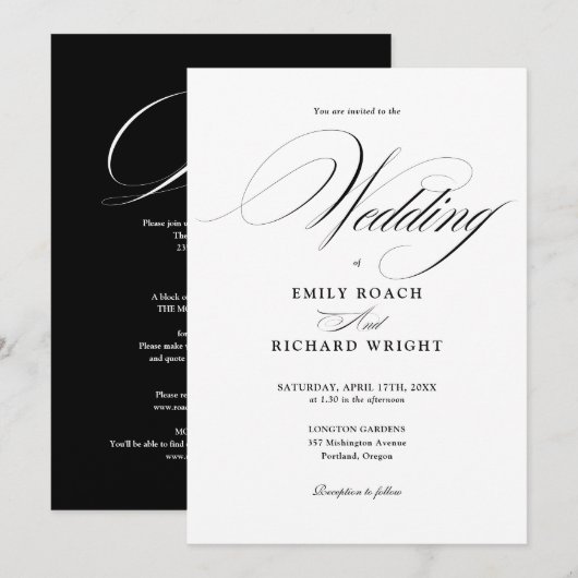 Chic Script All In One Schwarz-Weiß-Hochzeit Einladung (Vorne/Hinten)