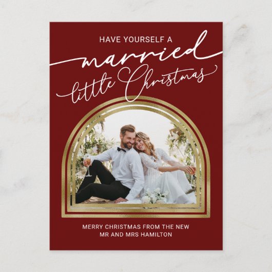 Chic Script Arch Holiday Wedding Ankündigung (Vorderseite)