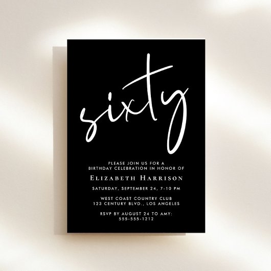 Chic Script Black 60. Geburtstagsparty Einladung