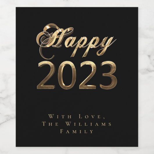 Chic Script Black and Gold Happy New Year 2023 Weinetikett (Einzelnes Label)