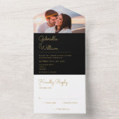 Chic Script Black and Gold Monogram Foto Wedding All In One Einladung (Innen Boden)