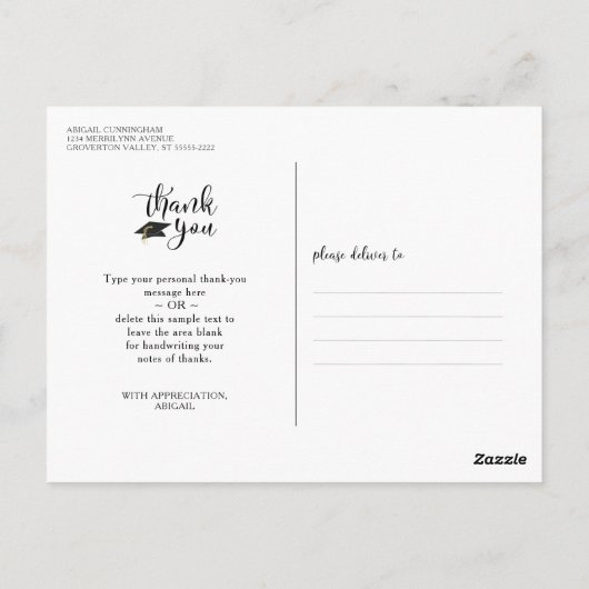 Chic Script Black and White Graduation Thank You Postkarte (Rückseite)