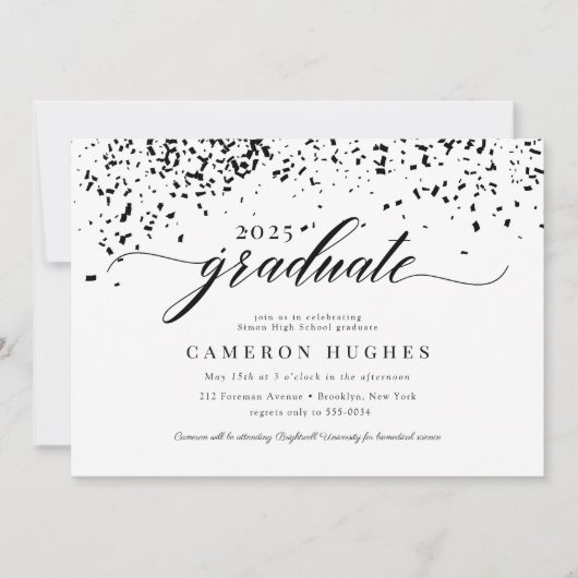 Chic Script Black Confetti Graduation Party Einladung (Vorderseite)