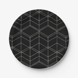 Chic Script Black & Foil Silver Geometric Muster Pappteller