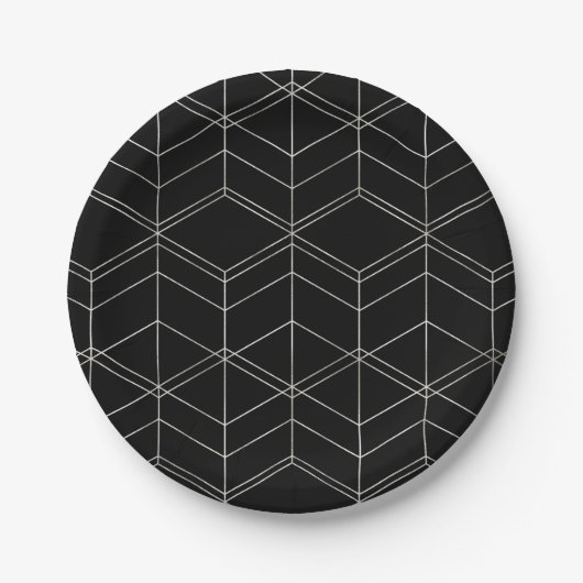 Chic Script Black & Foil Silver Geometric Muster Pappteller (Vorderseite)