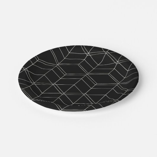Chic Script Black & Foil Silver Geometric Muster Pappteller (Schrägansicht)
