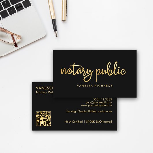 Chic Script Black & Gold Notary Name Modern QR Visitenkarte