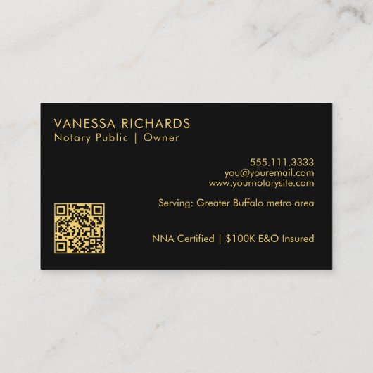 Chic Script Black & Gold Notary Name Modern QR Visitenkarte (Rückseite)