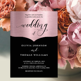 Chic Script Black Metallic Rose Gold Wedding Einladung