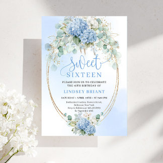 Chic Script Blaue Hortensie Gold Sweet Sixteen Einladung