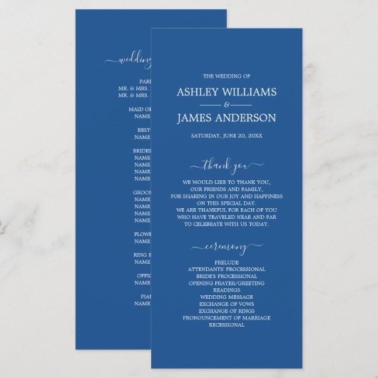 Chic Script Blue Einfache MinimalWedding Programm (Vorne/Hinten)
