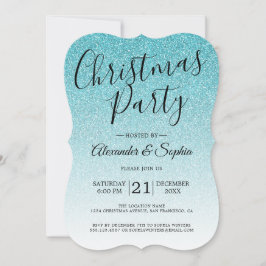 Chic Script Blue Glitzer Ombre Christmas Party Inv Einladung